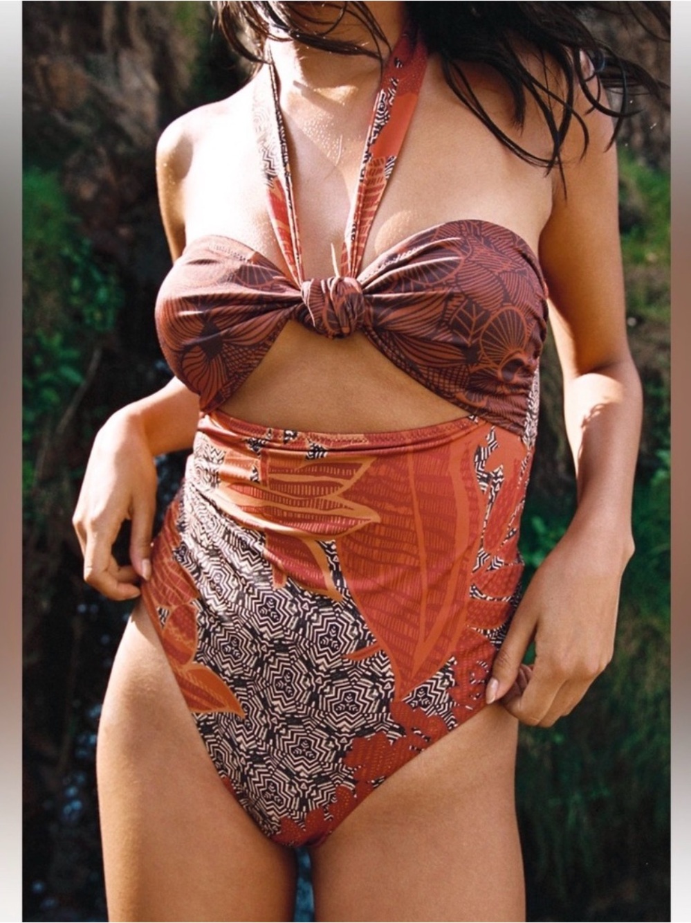 Zara Swimsuit Orange and Black Tropical Knot Front One-Piece